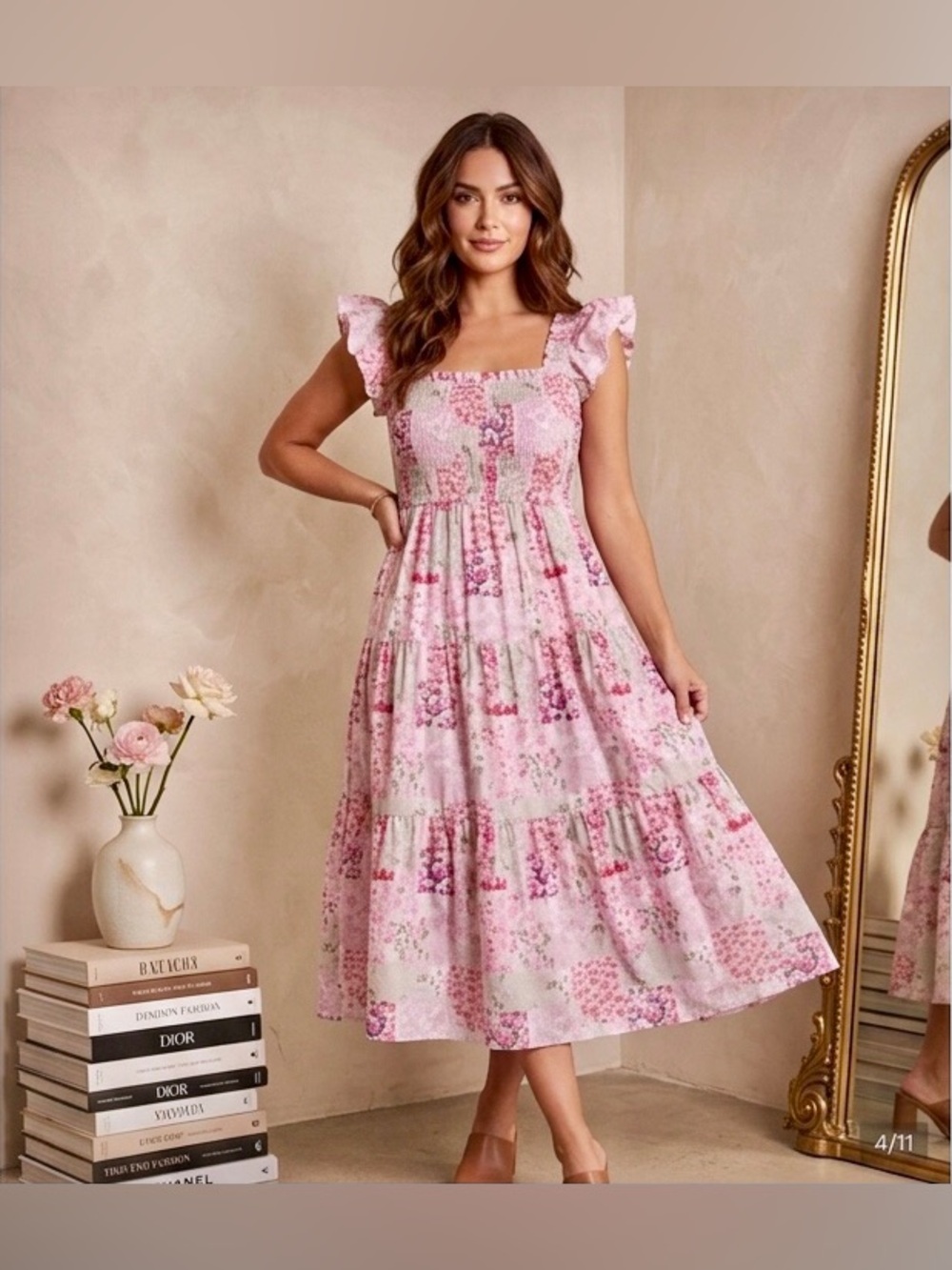 AUREUM / Pink Floral Cotton Midi Dress - Sz L - NWT